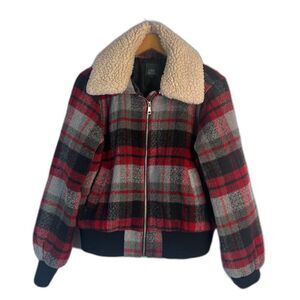 Wild Fable Buffalo Red Plaid Faux Fur Collar Preppy Zip Up Wool Blend Jacket MD